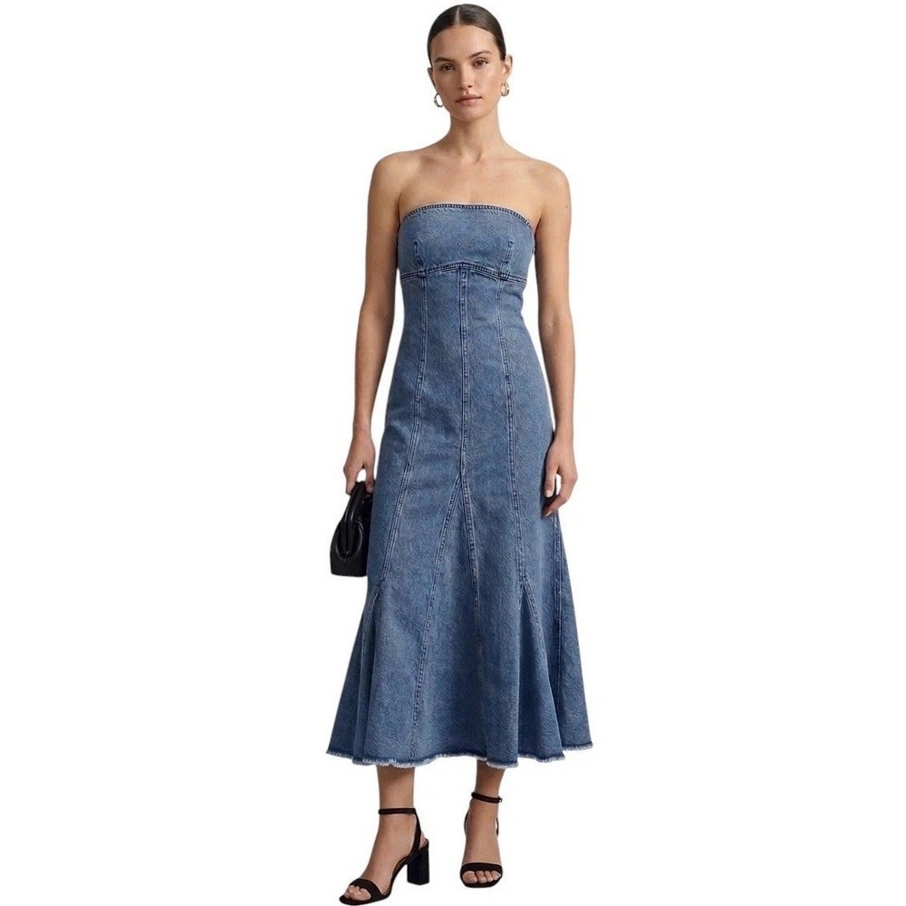 Pilcro Anthropologie Icon Strapless Denim Maxi Dress Blue Smocked‎ Back Size S